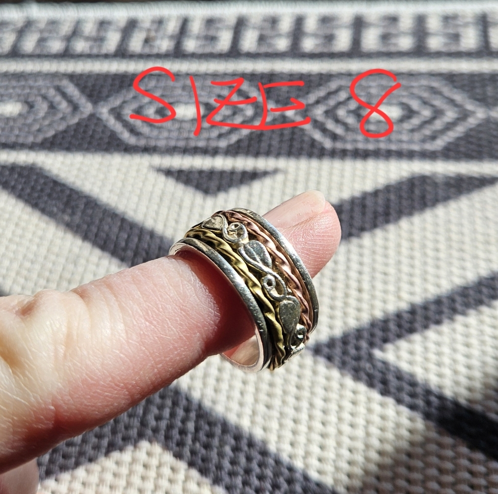 Handmade .925 silver, brass and copper braided spinner/fidget ring size 8